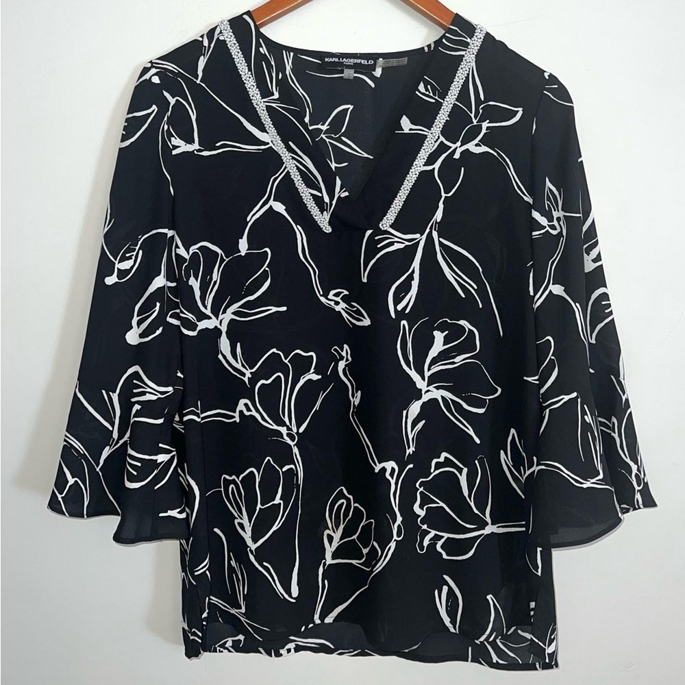 Karl Lagerfeld Floral Beaded Bell Sleeves Flowy Blouse Top Sz M